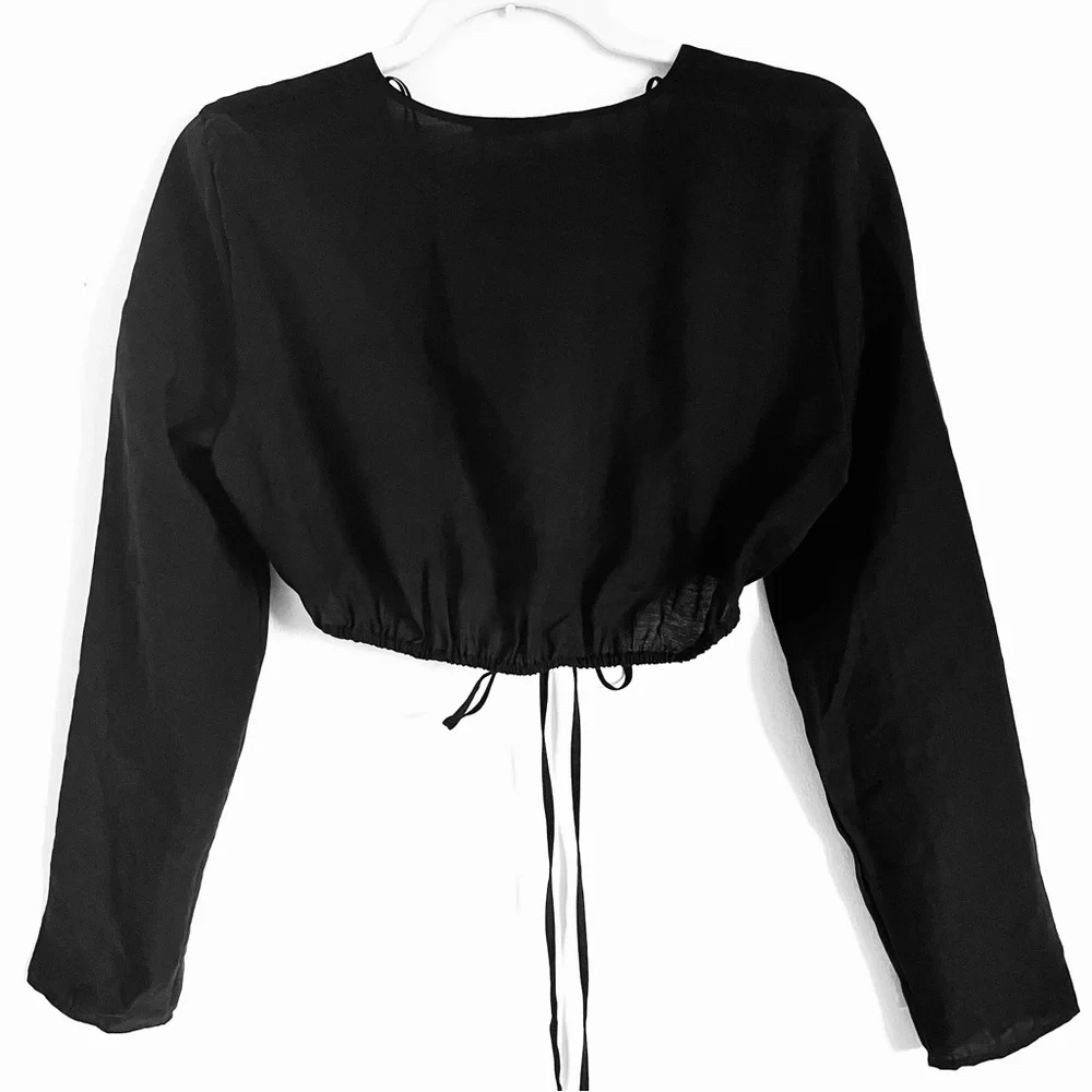 Zara Crop Long Sleeve Plunge V-Neck Cinch Tie Blouse In Black Size L NWT